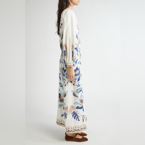 Farm Rio Mystic Blue Lotus Placed Print Long Sleeve Linen Blend Maxi Dress - Picture 7 of 16